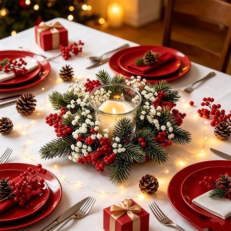 Couronne porte‑bougie de Noël 24 cm, sapin artificiel, baies rouges et gypsophile, centre de table pour décoration festive intérieure, multicolore (1/5)