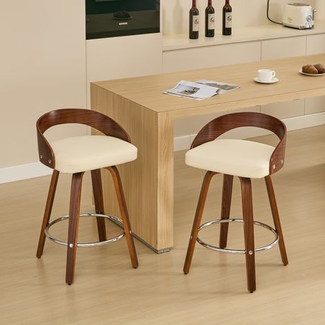 2er-Set drehbare Barhocker – niedrige Rückenlehne – aus Holz mit gepolsterter Sitzfläche – 48 x 46,5 x 77,5 cm – beige