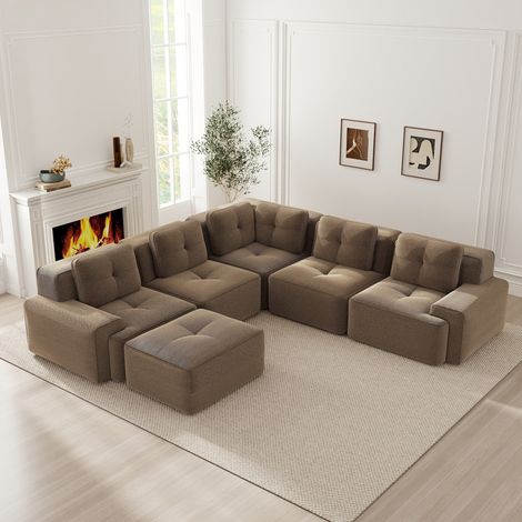 Canapé d'angle modulaire en velours côtelé marron, assise profonde 74 cm, accoudoirs larges, idéal pour salon familial – de FLORAGRACE (1/5)