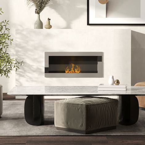 Cheminée à bioéthanol en acier inoxydable. 2,5 heures de combustion avec un réservoir de 1,5 L et une surface de chauffe de 20 m². 90 x 16 x 40 cm. Argent.