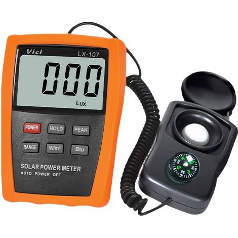 Luxmètre Numérique, LX107 Illuminometre Compteur D'énergie Solaire, 2000W/㎡ Lux Meter Photometer Luxmètre Testeur Testeur D'insolation D'énergie De Rayonnement Solaire Avec Boussole