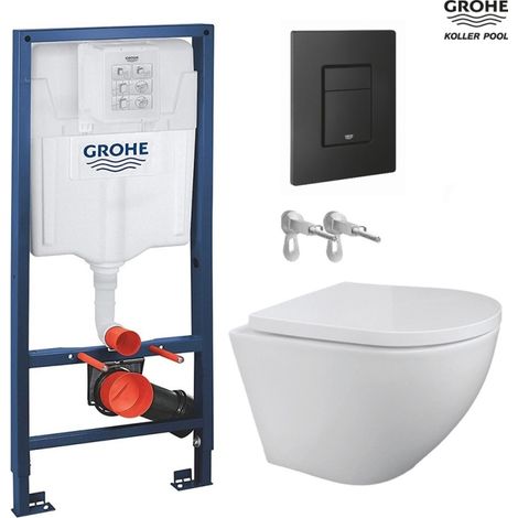 Bastidor GROHE pack cisterna empotrada y pulsador negro mate con inodoro suspendido ROUND blanco 49 cm de KP (1/5)