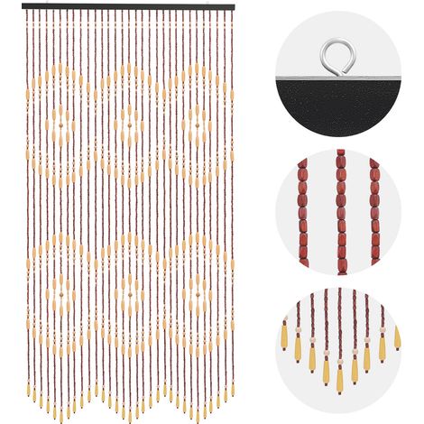 Rideau de porte en perles, 31 chaînes de perles, fabriqué en bambou et bois, fait à la main, beige, marron, 90 x 175 cm, rideau de porte en bois naturel (1/5)
