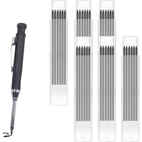 1 Stück – Zimmermannsbleistiftmine – wasserfeste Graphitmine 2,8 mm – für Holz und Metall + integrierter Anspitzer – für Holzbearbeitung – Schwarz – 12 cm (1/5)