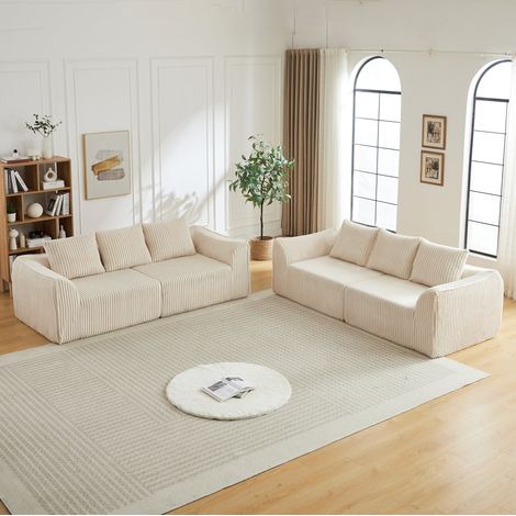 Canapé modulable en tissu côtelé, lignes arrondies, 235,5 x 101 x 72,5 cm, beige, REDOM (1/5)