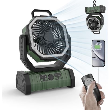 Ventilateur portatif de camping en plein air, chargement USB, téléphone portable rechargeable avec lumière LED, plus crochet, vert militaire 20000 mAh (1/5)
