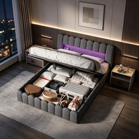 FOERPL-Gepolstertes Bett 140x200cm mit LED et USB/Type-C, Doppelbett 140x200 mit hydraulischem Bettkasten, Polsterbett 140x200 mit Bettkasten und Lattenrost Gepolsterter Bettrahmen