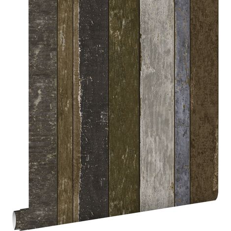 papier peint imitation bois marron, gris et bleu  - ESTAhome