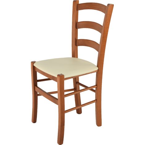 Tommychairs - Sedia modello Venice per cucina bar e sala da pranzo, robusta struttura in legno di faggio color ciliegio e seduta rivestita in pelle artificiale colore avorio (1/5)