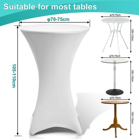 Randaco Juego de 5 fundas elásticas para mesas altas, blancas: fundas elásticas para mesas de bar de Ø 70-75 × 110 cm con 4 lengüetas para los pies