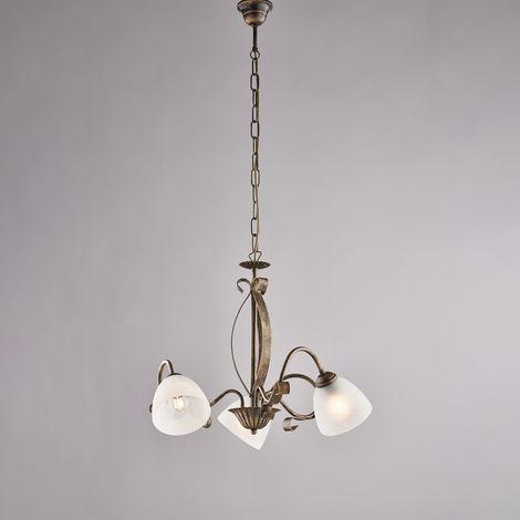 Lustre Forgiato Fer Marron, Déco Or Antique, Verre Albâtre D.13, 3 Lumières D.51 Cm, Idéal Salon Ou Chambre