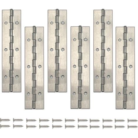 Lot de 6 charnières piano en acier inoxydable argenté de 15 cm, pour les portes, les boîtes en bois à monter soi même et les armoiress incluses. (1/5)