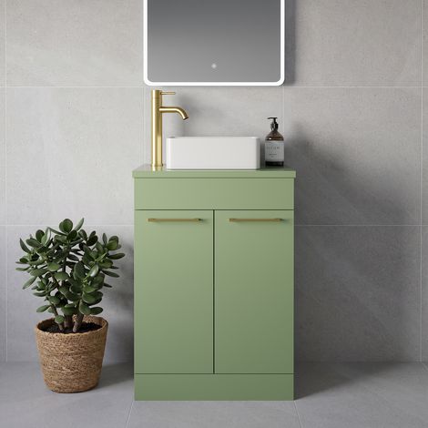 Napoli 390 Olive Green 600mm 2 Door Vanity Unit for Countertop Basins - 600mm - Brushed Brass 160mm Handle