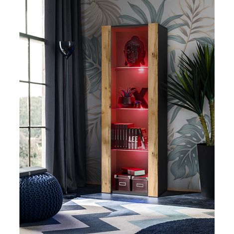 Komodee Vitrine Armoire Tivoli, Noir/Wotan, Largeur 55cm x Hauteur 159cm x Profondeur 35cm, LED RGB, 3 étagères, pour Salon, Chambre, Entrée (1/5)