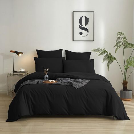Parure de lit 2 pièces 135 x 200 cm en coton noir - Housse de couette 2 pièces - 100 % coton lavé - Confortable et respirant - Parure de lit avec 1 taie d'oreiller de 80 x (1/5)