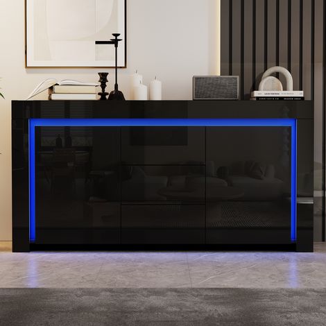 Commode moderne de salon (140 x 40 x 65 cm), avec 3 tiroirs et 2 portes, largeur 140 cm, finition laquée brillante avec éclairage LED intégré, idéale pour les entrées, salons et bureaux. Couleur : noi (1/5)