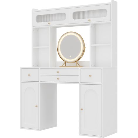 Coiffeuse LED blanche avec miroir rond, 4 tiroirs, 4 étagères ouvertes et 2 portes vitrées, 120×40×160 cm (1/5)