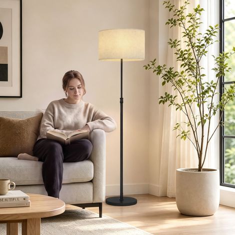Lampadaire avec télécommande, hauteur réglable, abat-jour en tissu, pied en métal, luminosité réglable, interrupteur au pied, noir (1/5)