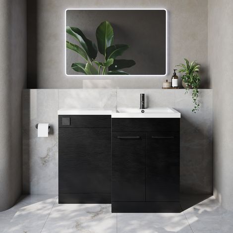 Napoli 460 Nero Oak 1100mm 2 Door Vanity Unit Toilet Suite with Right Hand Square Lucia Basin - 1100mm - Matt Black 160mm HandleWithout Kingston Toilet Pan