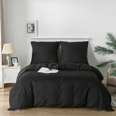 Housse de Couette Parure de lit brossée 3Pièces Microfibre brossée Douce et taie d'oreiller Noir 240x220cm+2x80x80cm (1/5)