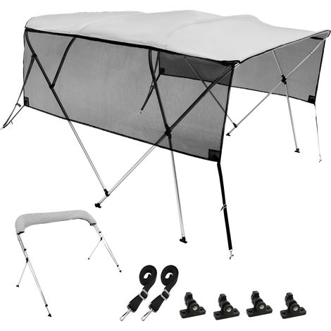 Mophorn 4-Bogen-Bimini-Bootsabdeckung, 8'x54"x91-96" (LxHxB), hellgrau, abnehmbare Netzwände, 600D-Polyester-Baldachin mit 1-Zoll-Rahmen aus Aluminiumlegierung, kommt mit Stauraum, Gurten und Stangen