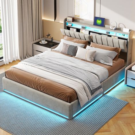 Lit coffre 140x200 cm,tête de lit rabattable rangement,rangement hydraulique,sommier à lattes,lit coffre, lit d'appoint,lit ado,tissu velours,avec LED, ports USB,Gris (1/5)