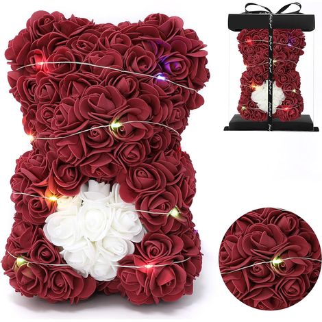 ORSACCHIOTTO FATTO DI PETALI DI ROSA LED BORDEAUX IN UNA SCATOLA IDEA REGALO DI SAN VALENTINO 25 CM (1/5)