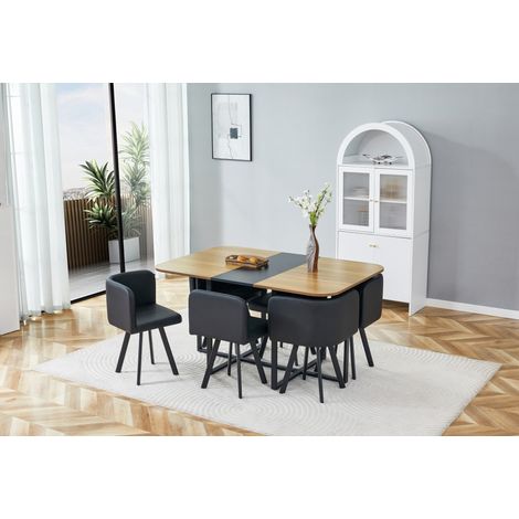 Ensemble table à manger avec surface effet bois et structure métal noir, 4-6 personnes, adapté cuisine et séjour (1/5)