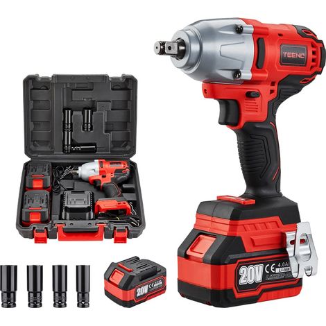 Teeno – Clé à chocs sans fil 20V – Moteur Brushless – Couple 600N.m – 2 vitesses 0-3400/0-4300 tr/min – 4 douilles incluses – Batterie 4.0Ah