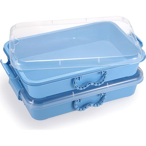 Lot de 2 bacs à sable en plastique avec couvercle transparent - 38 x 25 x 8 cm - Bleu (1/5)