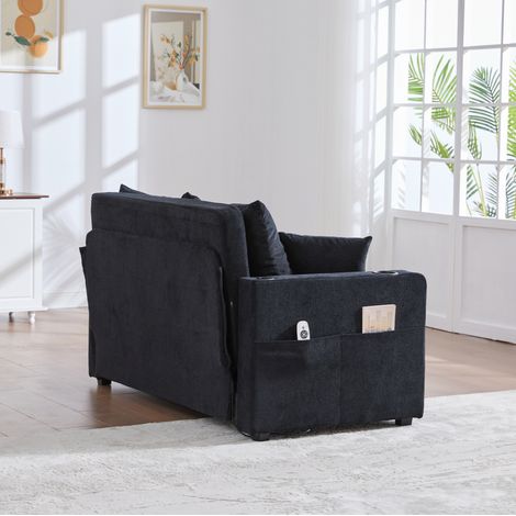 Canapé convertible 139x83x58 cm noir en chenille avec poches de rangement, USB et porte-gobelets (1/5)