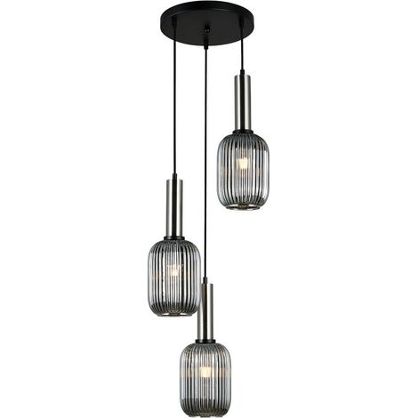 Suspension Italux Antiola 3 lampes verre fumé noir Ø40