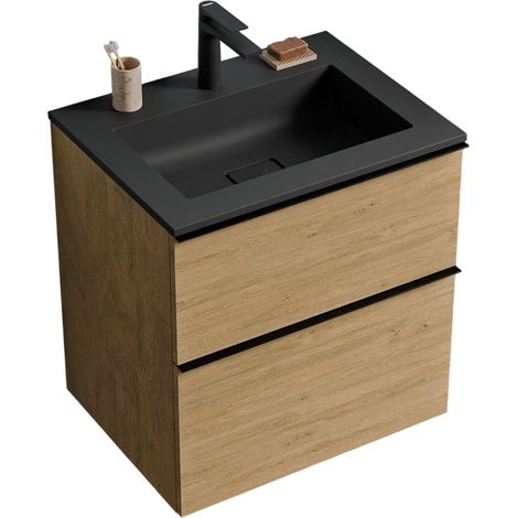 BERNSTEIN - Mueble lavabo suspendido MDF Roble Miel, lavabo fundición Negro Mate + orificio grifería, tirador Negro Mate 60x46x62cm - LAVOA Negro mate, Roble Miel Oro, Negro mate con orificio para gri