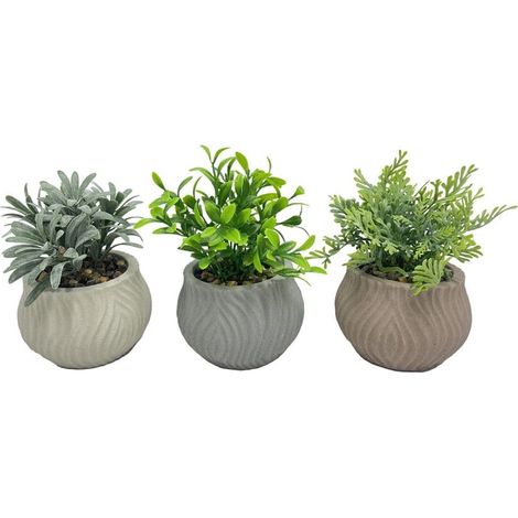 TRADE SHOP - Set 6pz Pianta Verde Finta Con Vaso In Ceramica Trama Ondulata 10x10x14cm 3 Colori 157961 -