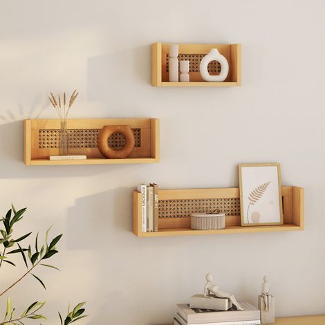 Lote de 3 estantes murales de madera y caña EDHEN 60/45/30 cm