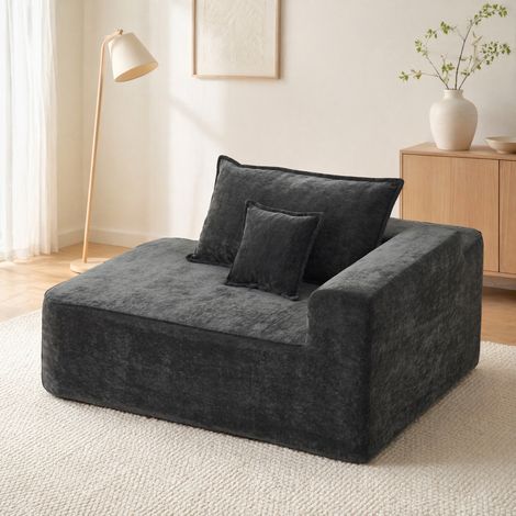Chaiselongue Sofa (125x31x35 cm), ohne Montage, mit Kissen, Seitentaschen, Chenille, Schwarz (1/5)