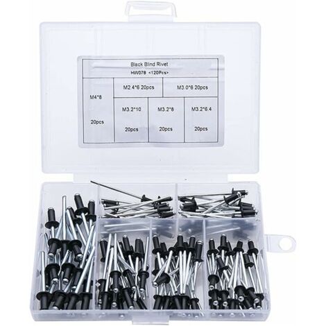 120 Pièces Rivets Aveugles, Rivets Aveugles Métalliques, Rivets Aveugles En Aluminium, Ensemble De Rivets Pop à Tête Ronde Pour Métal, Bois, Plastique, Meubles (M2.4 / M3.0 / M3.2 / M4, Noir) (1/5)