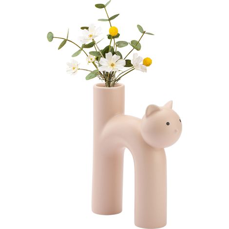 Keramikvase in Katzenform, weiß/gelb/rosa, handgefertigt, Mini-Design, 21 cm hoch mit 4,1 cm Öffnung, für Büro, Wohnzimmer, Hochzeit (1/5)