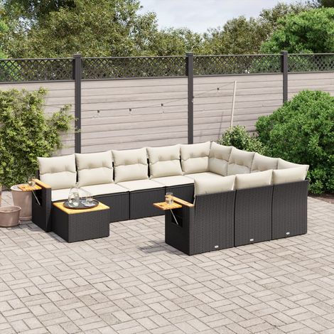 Ensemble de jardin 11 places en résine tressée noire avec table acacia et coussins crème - Salon modulaire extérieur avec repose-bras intégré (1/5)