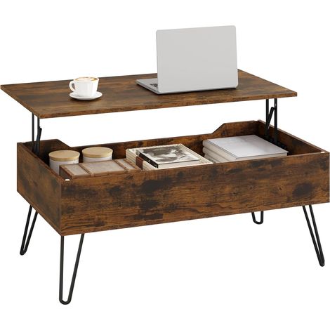 WOLTU Mesa de centro elevable 95x50x(40-55,5) cm con compartimento oculto, marrón rústico + negro