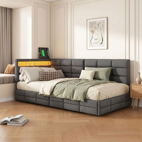 Letto 1 piazza - Letto 90x200 - Rete a doghe in legno - Testiera LED con USB - 2 cassetti di stoccaggio (1/5)