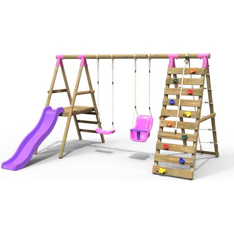 Rebo Wooden Swing Set with Deck and Slide plus Up and Over Climbing Wall - Moonstone Pink