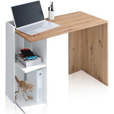 Tavolo da studio reversibile con ripiani, scrivania, sistema di immagazzinamento, modello Kenia, finitura in color rovere Nodi e bianco Artik, Dimensioni: 100 cm x 78 cm (altezza) x 52 cm (profondità)