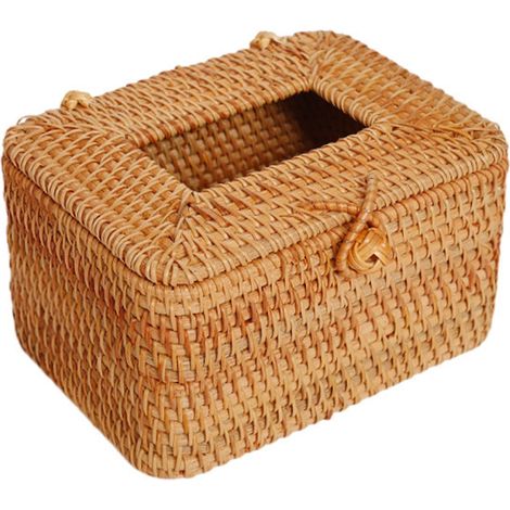 Boîte tissée osier rotin carrée – couvercle distributeur serviettes papier corbeille rangement (1/5)