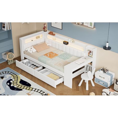 lit enfant 90x200, ports USB lit combine enfant, LED multicolore, bureau intégré, 2 tiroirs rangement, structure bois (1/5)