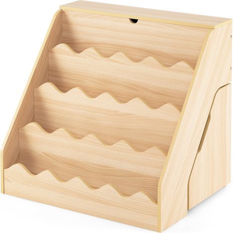 Libreria per bambini a 4 ripiani con cassetto e ruote, in MDF naturale.