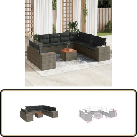 10-tlg. Garten-Sofagarnitur mit Kissen Grau Poly Rattan - Gartenmöbel Set - Esszimmerset Outdoor - Lounge Möbel - Rattan Gartenmöbel - Wetterfeste Gartenmöbel