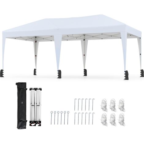Tenda pieghevole 6 x 3 m, Gazebo pieghevole per esterni con borsa con ruote, 12 picchetti, 6 corde antivento, 6 sacchi di sabbia, per campeggio, Bianco (1/5)