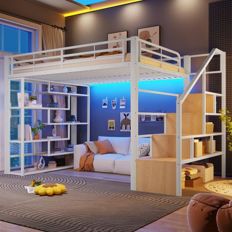 Lit Mezzanine 140x200 cm, Escalier avec Rangements, Étagères, LED Multicolore par App, Garde-Corps, Métal et MDF - Blanc (1/5)