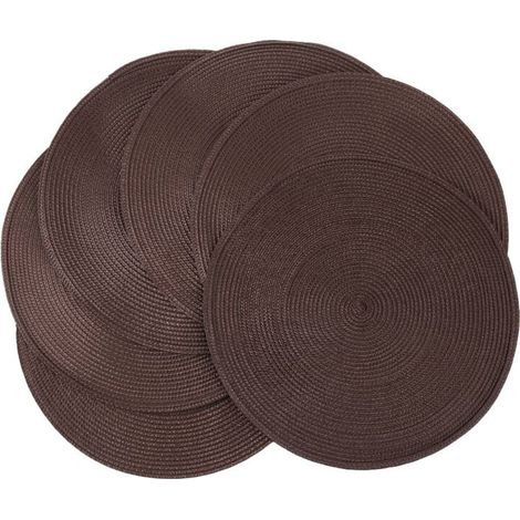 Set di 6 protezioni rotonde per tavolo intrecciate, antiscivolo, lavabili, 38 cm, marrone, sala da pranzo (1/4)